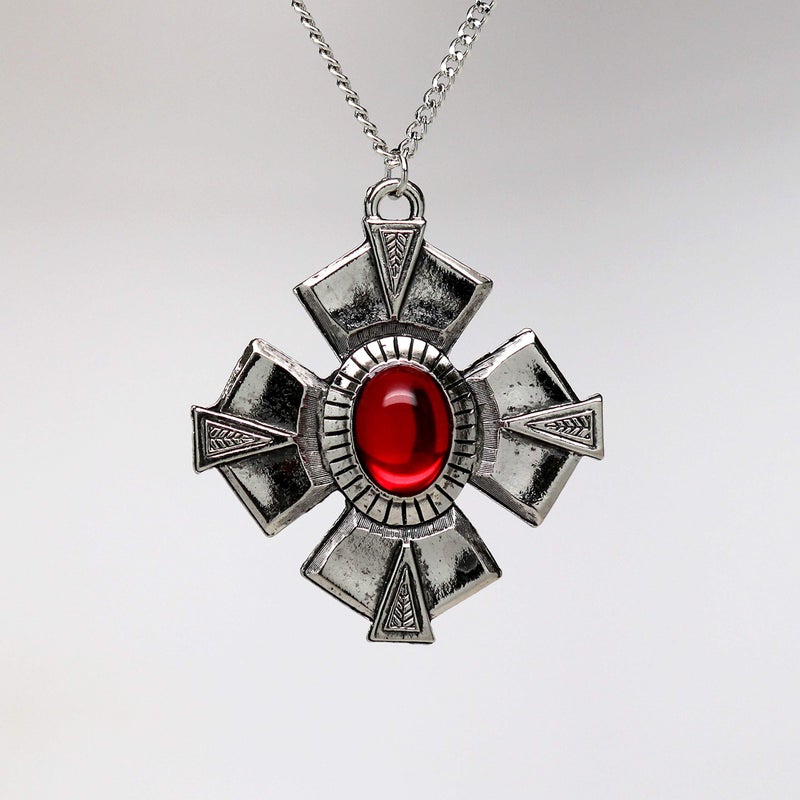 Real Metal Medallion with Red Cabochon Medieval Renaissance Silver Finish Pendant Necklace - Image 5